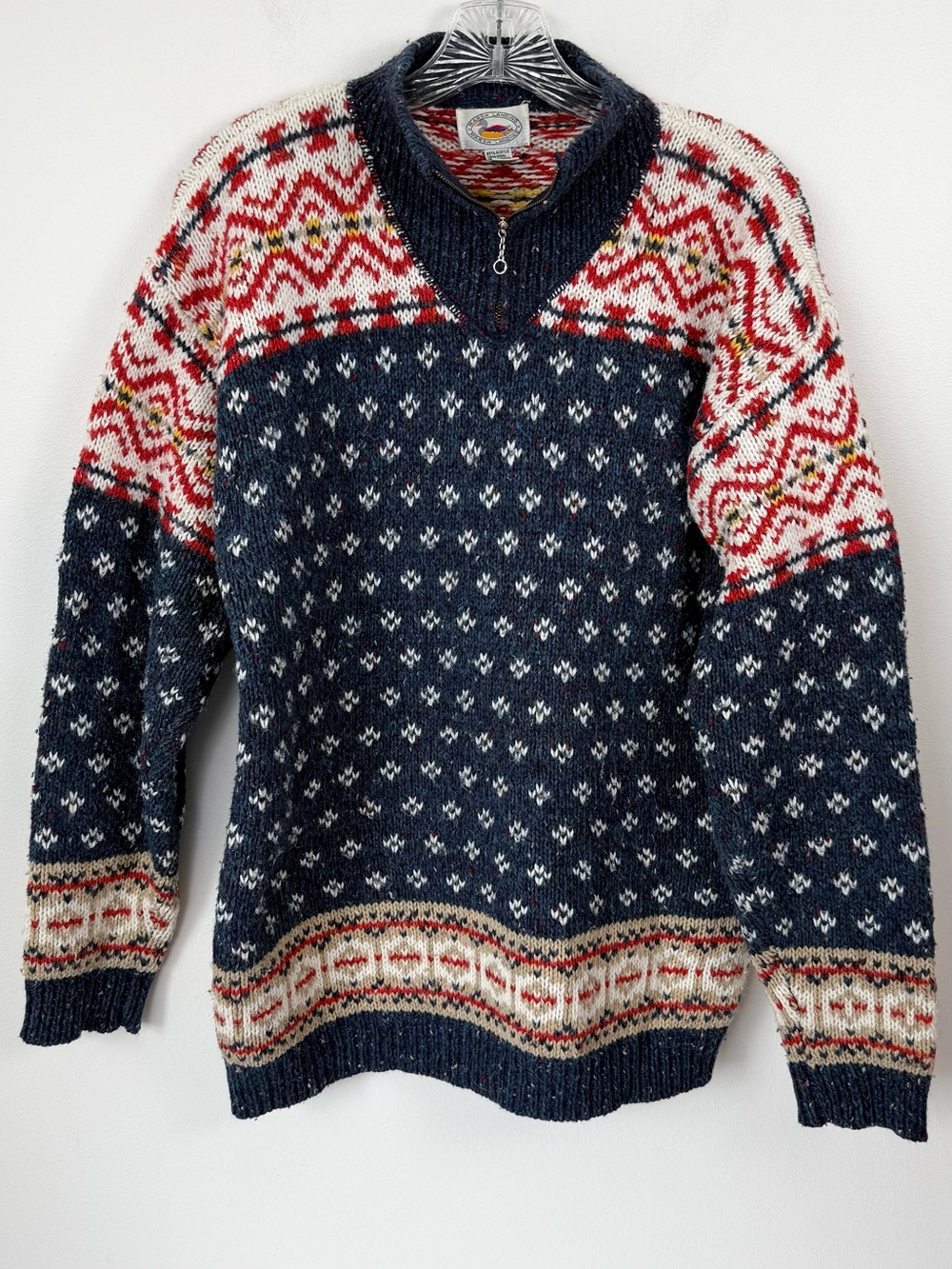Vintage 1990’s Men's Marsh Landing Fair Isle Navy Red Half-Zip Warm Sweater Lrg